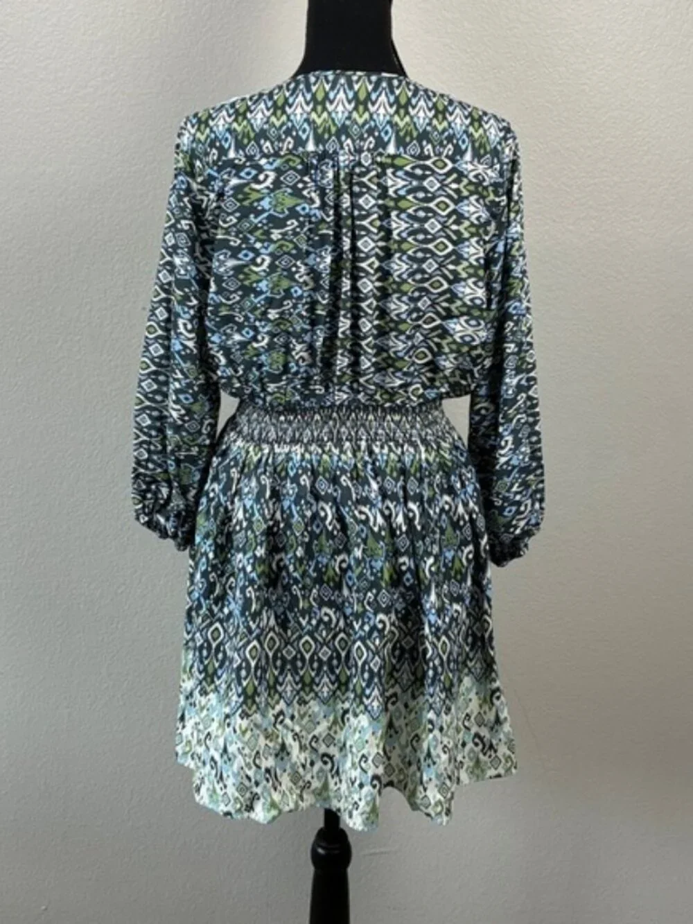 Shoshanna Mirza Dress Blue Geo Ikat Smocked Waist 3/4 Sleeves Mini/Midi NEW 10 - Picture 5 of 7